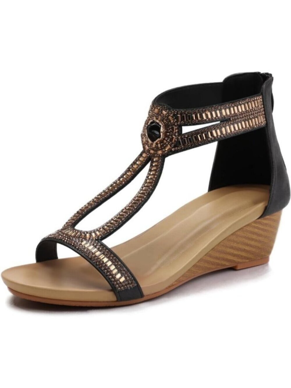 Women's 1304 Black Slide Wedge Sandal Open Toe High Heel Zipper Back Platform